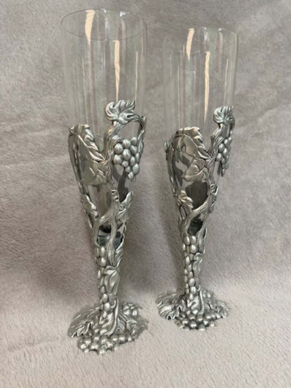 Vintage Seagull Pewter and Blown Glass Champagne Glasses Flutes Set of 2 Signed
